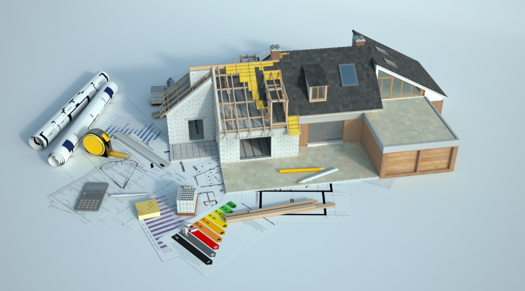Ein Hausmodell im Modernisierungsprozess ist gezeigt, zusammen mit verschiedenen Tools zur energetischen Sanierung 